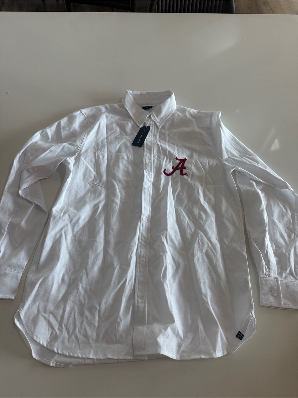 White Long-Sleeve Dress Shirt with Crimson 'A' Embroidery